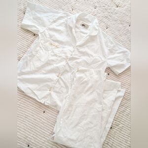 Clonhadas White Cotton Pajamas Set - Short Sleeve Button Down Top, Cropped Pants